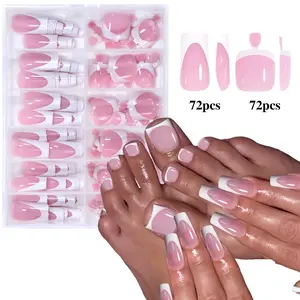 144 Pcs French Nail Art Kit, Nail Art Diy, Reusable Glossy Nude //blue Edge False Nails, Easy Apply Remove, Perfect for Daily Use & Events