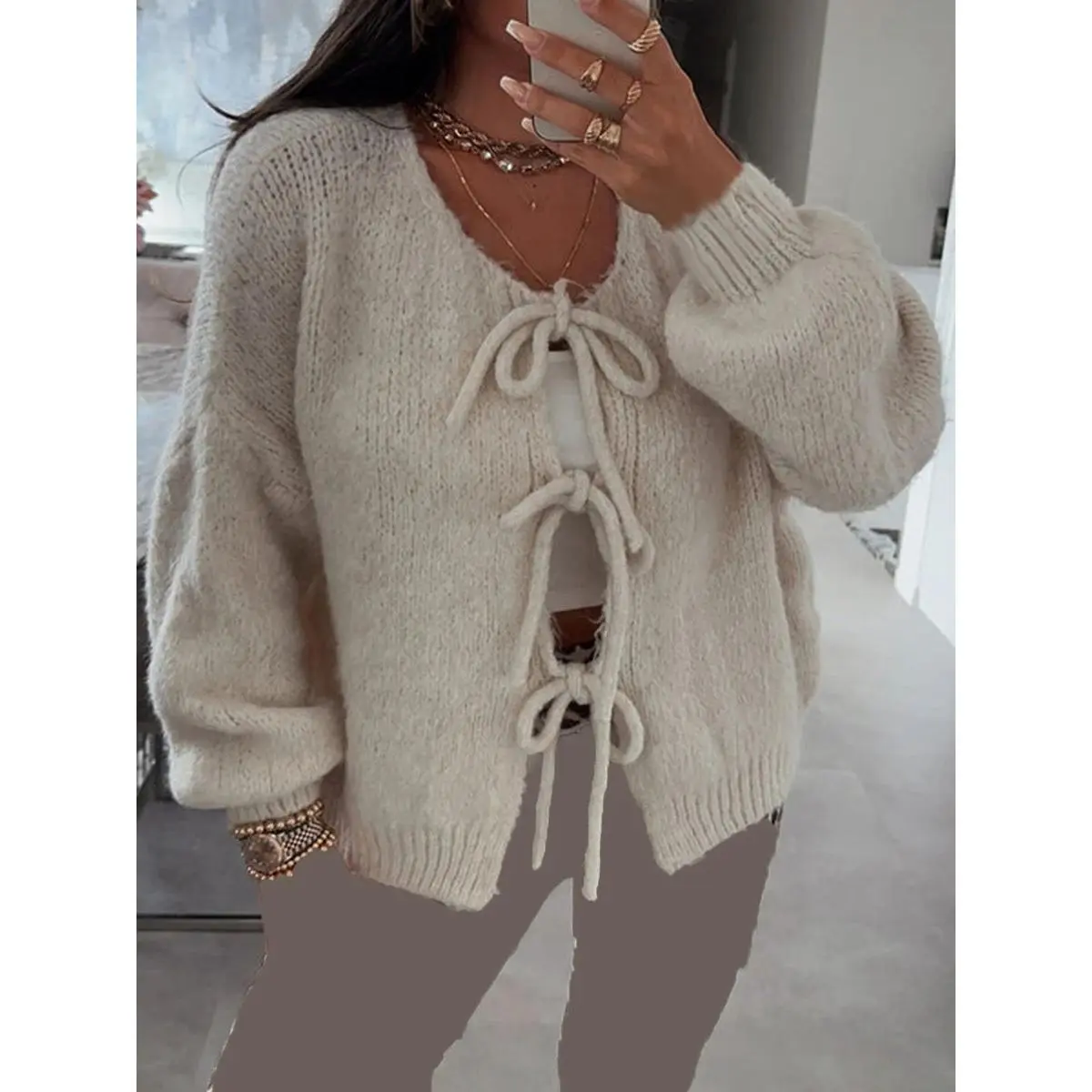 Fashion Knitted Bow Lace Up Cardigan Women Sweater Y2k Open Front Sweet Knitted Cardigan Lantern Sleeve Oversized Cardigan