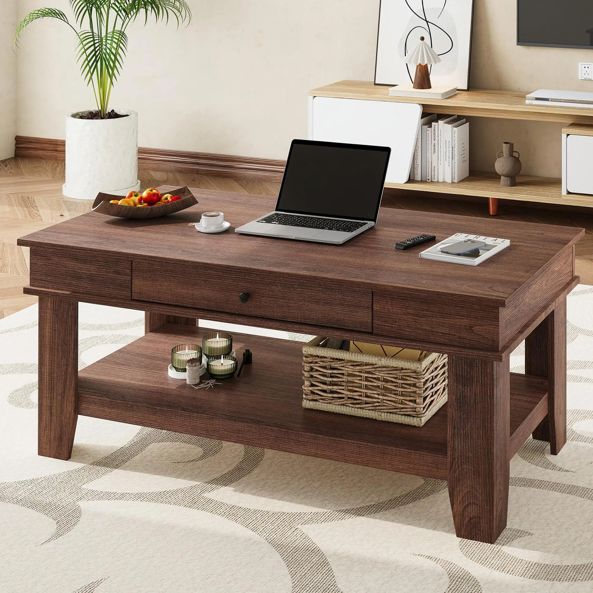 Rectangular Coffee Table for Living Room, Center Table with Drawer & Open Shelf, Modern Farmhouse Living Room Table, Easy-Clean,2-Tier Storage