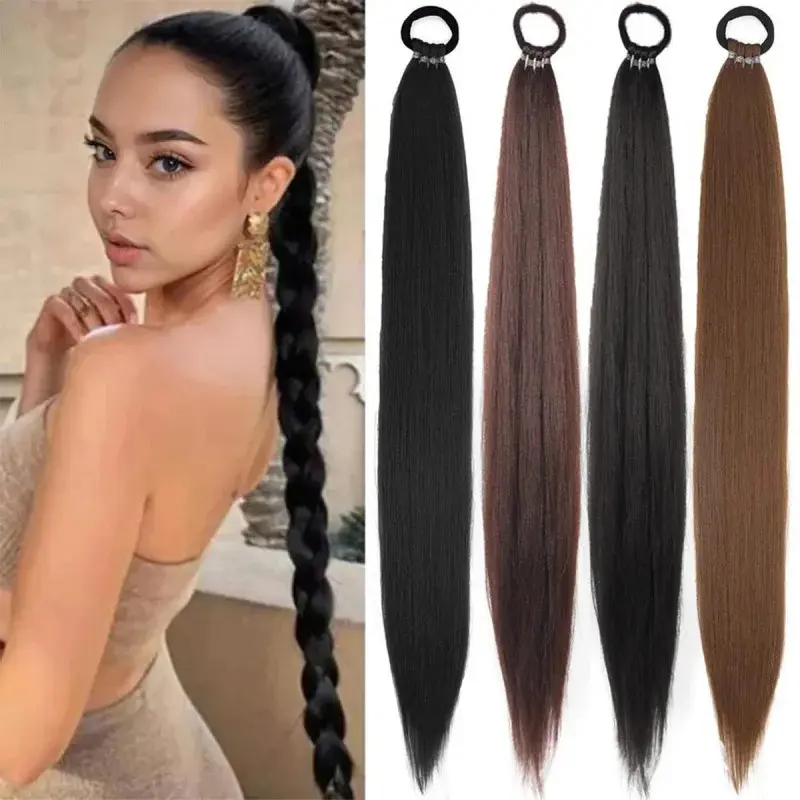 2026 New 28 Inch Synthetic Straight Ponytail With Elastic Hair Rope Hair Extensions Fashionable For Daily Use Party Hair Accessories