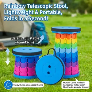 Portable Folding Plastic Telescopic Stool, Rainbow Outdoor Camping Seat, Home Multi-Function Bench