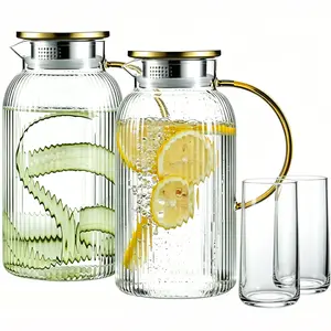 2 Pack Glass Pitchers with Lid and 2 Water Cups, 68 oz/ 2 Liter Vintage Vertical Stripes Water Pitcher,Glass Water Carafe for Fridge, Coffee, Iced Tea, Milk, Beverage, Heat Resistant Borosilicate Water Jug for Hot/Cold Drinks