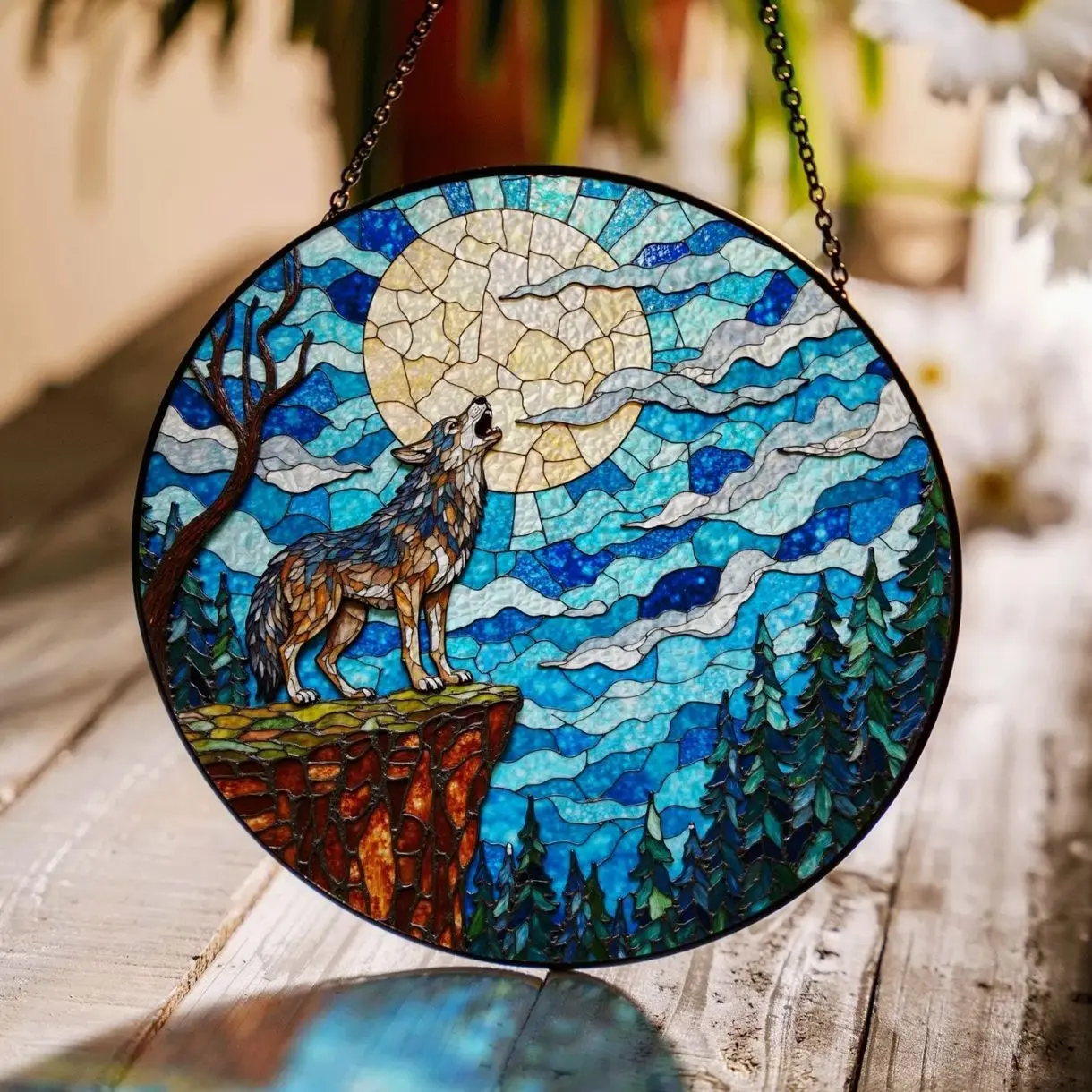 Howling wolf moonlight stained glass Gift Halloween For Family, Friends
