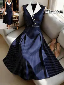 Elegant Navy Striped Lapel Sleeveless Dress, V Neck Single Button Midi Dress, Women's Formal Office Commute Wear Womenswear Nk-Wry-5913