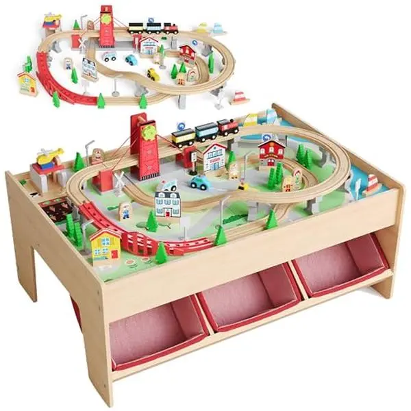 GAOMON 2-in-1 Non-Toxic Wooden Train & Storytime Multi-Purpose Table Set for Ages 3+, 92-Piece Themed Set with 3 Storage Bins, Drawers, 3D Tracks, Drawbridge, City Simulation Accessories, Smooth Edges, All Seasons Indoor Toddler Play Activity Table