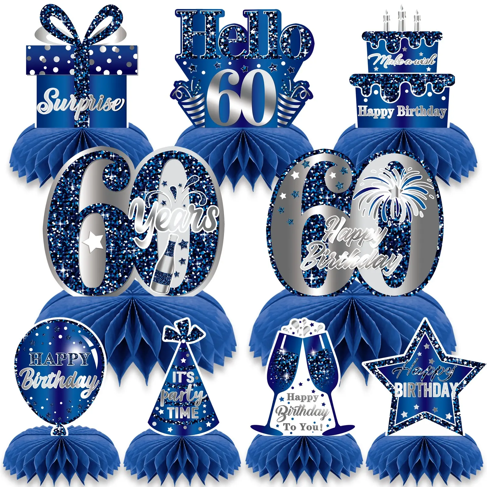 9pcs Blue and Silver 60th Birthday Honeycomb Centerpieces, Table Decorations for Men and Women, Party Supplies, Desktop Topper Decor