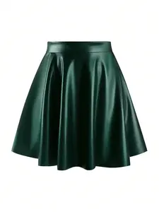 Women's Faux Leather Skater Skirt High Waist PU A-Line Flared Mini Skirt Side Zip Solid Casual Versatile Night Out Party Clubwear Y2K Baddie Edgy Spring Summer