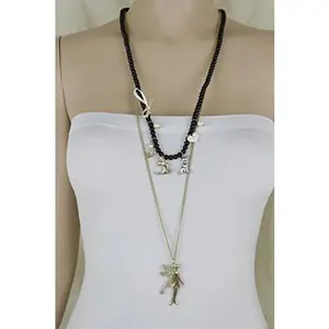 TFJ Women Fashion Black Beads 2 Strands Gold Metal Necklace Tinkerbelle Cat Bird Heart Charms