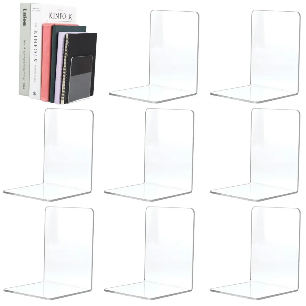 8-Piece Unscented Acrylic Bookends - Heavy-Duty Plastic Holders, Bookshelf Dividers for Organizing Books in Offices, Bedrooms, Organizes Books
