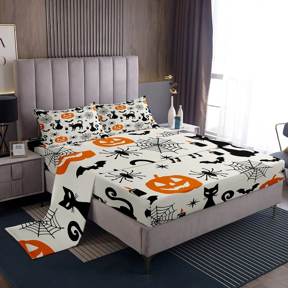 Feelyou Halloween Bedding Set - Breathable King/Queen Size Black-Orange Deep Pockets Fitted Sheet, Black Cat Pumpkin Ghost Motifs, Cold Water Machine Washable for Teens, Bedding Decor