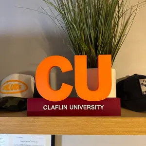 3D Claflin University Mini Landmark Desktop Sign - Orange CU Logo on Red Base for Office Decor