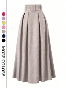 Women's High Waist Pleated Chic Elegant Skirt, Matching Belt Slimming Long Dress, Casual Commuter Office Wear, Daily, Womenswear