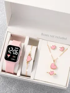 Fashion Digital Wristwatch Set with Belt & Bracelet, Heart-Shaped Earrings, Perfect Gift for Kids, Ideal for Christmas & Back-To-School Season