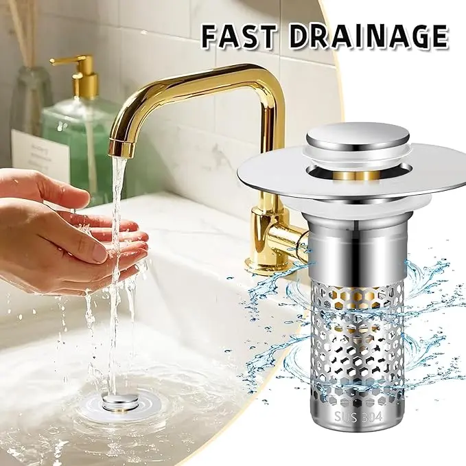GS Upgrade Bathroom Sink Drain Strainer，Pop Up Sink Drain Filter with Removable Stainless Steel Filter Basket Hair Catcher，Bathroom Drain Stopper Sink Plug for 1.1"-1.45" Basin Drain Holes