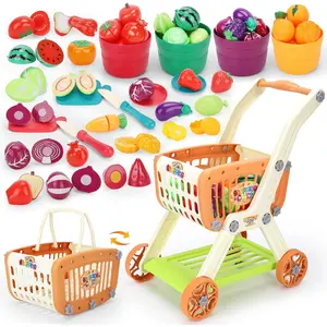 2 in 1 Kids Shopping Cart with Cutting Play Food Set Grocery Store Pretend Play Kitchen Accessories Sorting Food Bucket Learning Toy Gift for Toddler 3-5