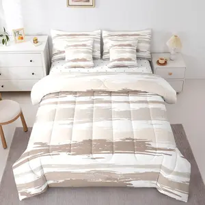 Feelyou 7-Piece Modern Bedding Set with Bedding Sheets - Abstract Brown Geometric Print Oil Painting Design, White-Grey Striped Multi-Size Bed-in-A-Bag for Children, Soft Comfy Blanket