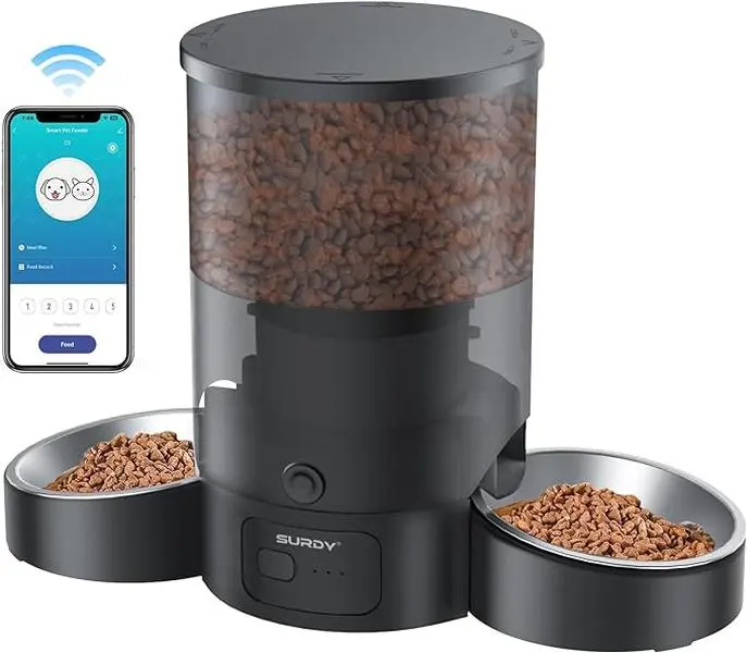 Automatic Cat Feeder for 2 Cats, SURDY 2.4G WiFi Smart Pet Feeder with APP Control for Remote Feeding, 3L Timed Pet Feeder Programmable 1-10 Meals, Dual Power Supply, Desiccant Bag, 10s Meal Call