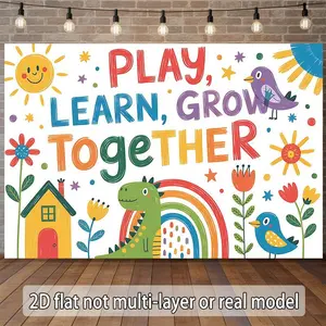 1PC,2D Flat Backdrop Play Learn Grow Together Kids Festival Decor Backdrop, Fun Cartoon Pattern Design, Suitable For Birthday Parties, Kindergarten Activities, Create Warm And Joyful Atmosphere, Add