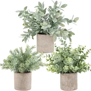 3-Pack Mini Potted Fake Faux Plants, Artificial Plastic Eucalyptus Plants, Topiaries for Home Office Desk, Farmhouse Room Decoration, Decorative