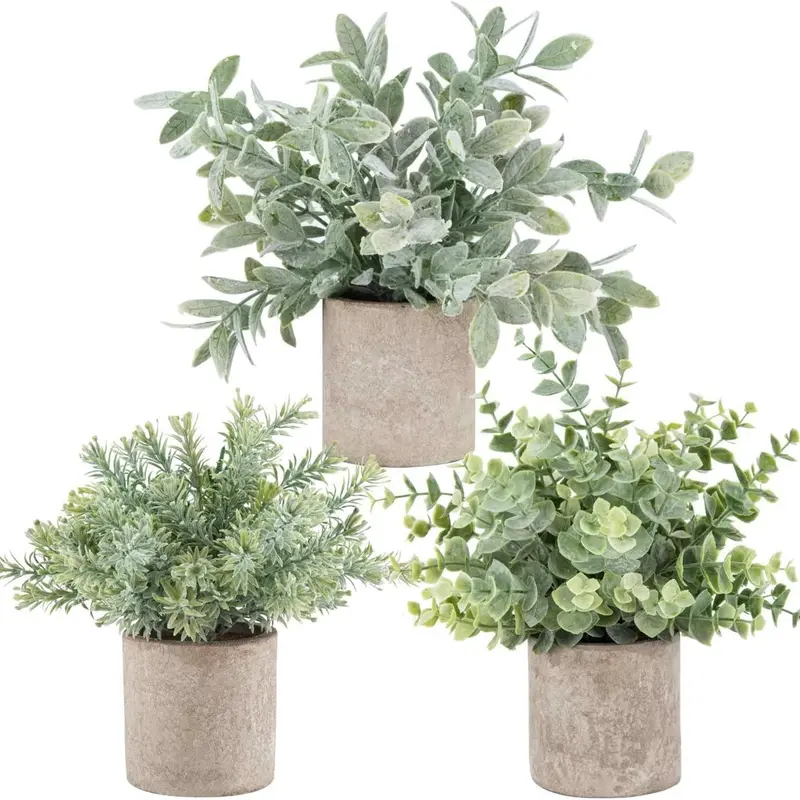 3-Pack Mini Potted Fake Faux Plants, Artificial Plastic Eucalyptus Plants, Evergreen Faux Plants, Topiaries for Home Office Desk, Farmhouse Room Decoration, Decorative Indoor Faux Plant, Artificial Floral Plant, Greenery Fake Plants