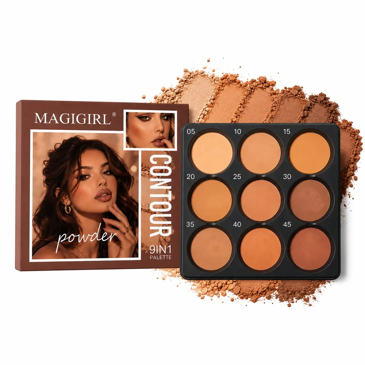MAGIGIRL 9 Color Contour Palette with Free Makeup Brush, Natural Blendable Matte Bronzer & Highlight Powder, Waterproof Long Lasting Face Sculpting Makeup Kit for All Skin Tones