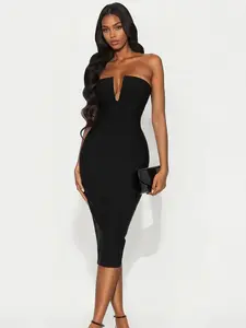 Sleek Strapless Bandage Dress – Black Midi Bodycon for Party Night Out