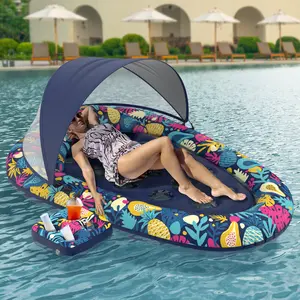 3-in-1 Pool Floats with Canopy and Cup Holder, Inflatable Pool Floats for Adults Lounger Raft Floating Chair for Swimming Pool Lake Water Lounge Float Beach Pool Party Toys