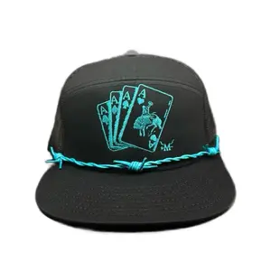 Marfa Hat Company Turquoise Gambler SnapBack Hat - Bold Turquoise Color 7-Panel Leather Design with Barbed Wire Band