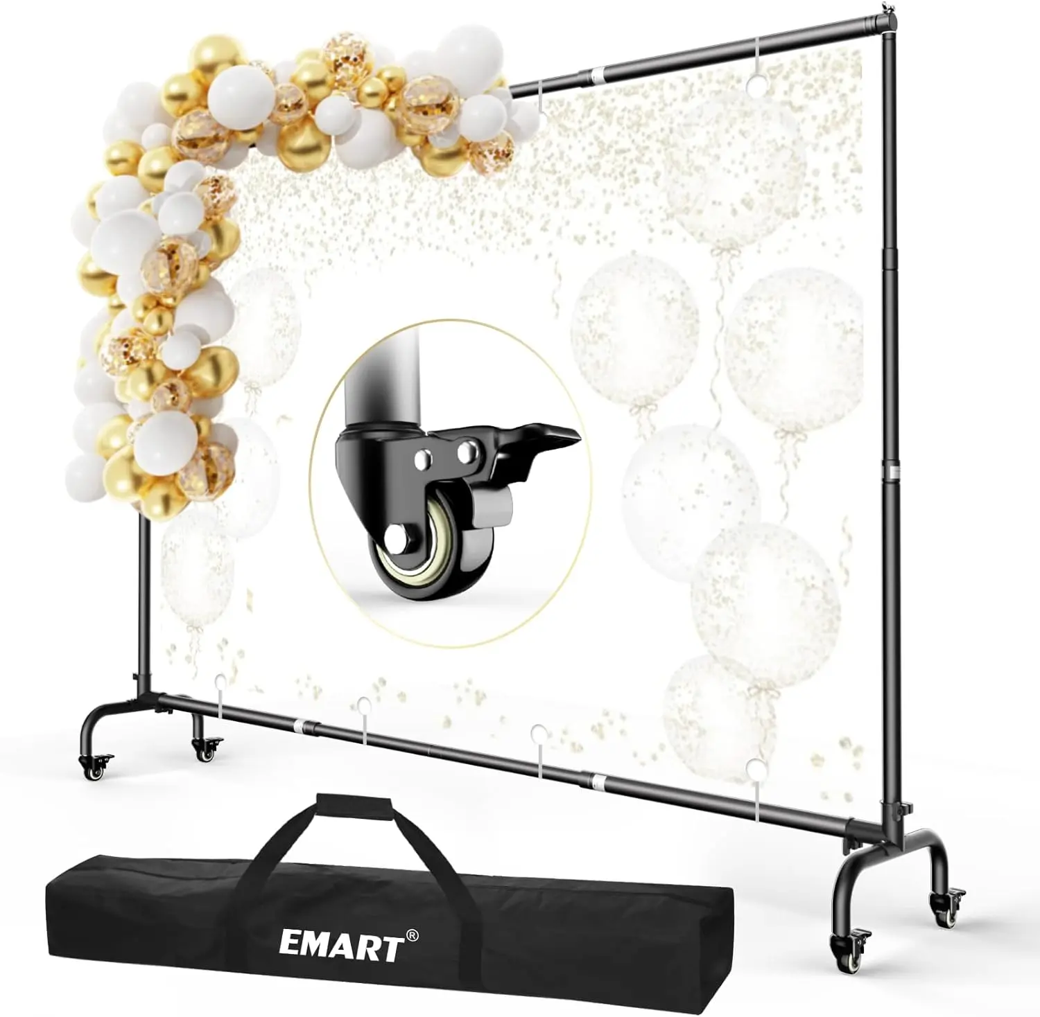 EMART 10x7.5ft Rolling Backdrop Stand with Wheels, Adjustable Thickened Pole & Moveable Base, Banner Background Holder for Studio Photography, Video Recording