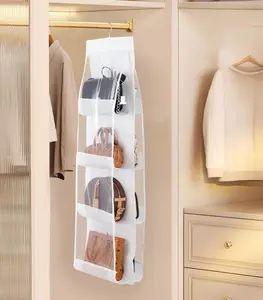 White/Brown Non-Woven Hanging Purse Organizer - Breathable Closet Storage for Handbags