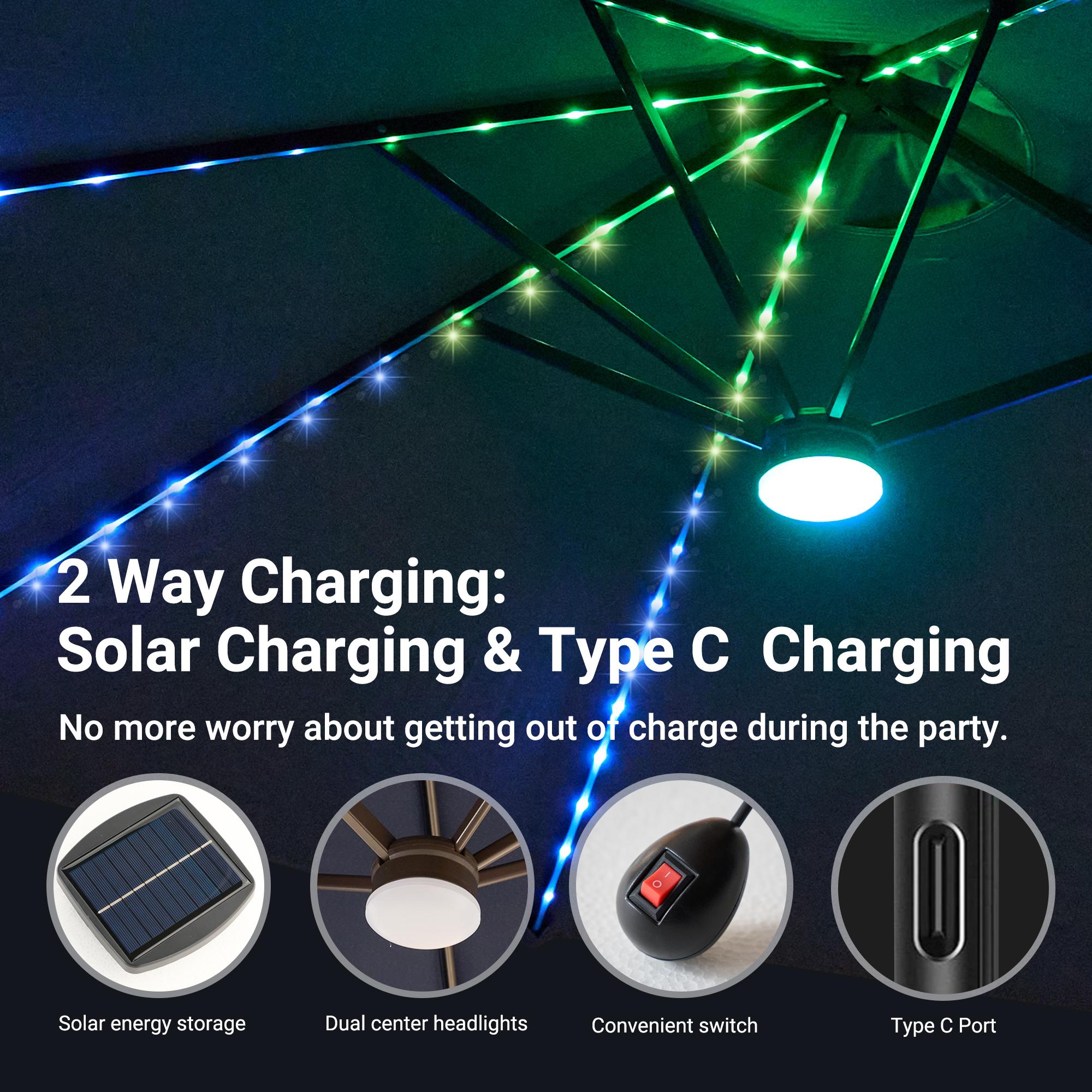 OOSWIFT High-End 15FT Adjustable Offset Patio Umbrella with Solar Lights, Oversized Outdoor Double-Sided Pool Umbrella with Crank, Solar Color-Changing & UV Protection, Rectangular Market Umbrella with Base for Garden, Deck