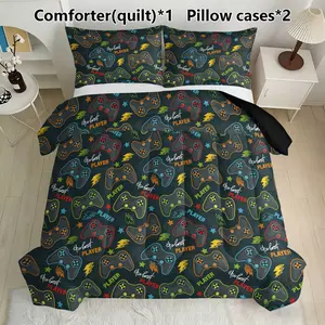 3 PCS Game Controller Printed Overlock Quilt Set (1 quilt + 2 pillowcases, without pillow core), quilt filling 200gsm, using U-shaped overlock sewing technique, suitable for bedroom, dormitory or home decoration, multiple size options