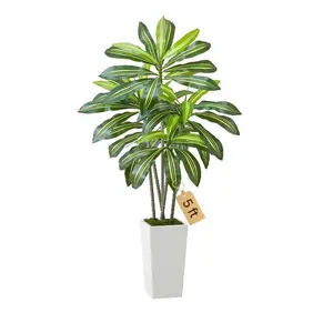 summervibes 5 ft Artificial Dracaena Palm Tree, Decorative Fake Tropical Silk Floor Plant with Tall White Planter, Large Faux Potted Plant for Home, Office Indoor Outdoor Decor