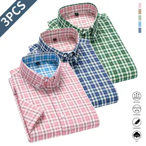 3 pack casual striped short sleeve shirts with a buttoned collar design, suitable for casual or formal wear in spring, summer, and autumn | Classic collar design | Stylish buttoned collar, men’s clothing, men’s shirts, fashionable men’s tops
