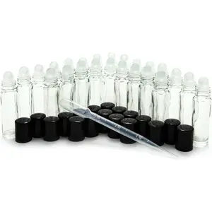 24, Clear, 10 ml Glass Roll on Perfume Bottles with 3 ml Dropper