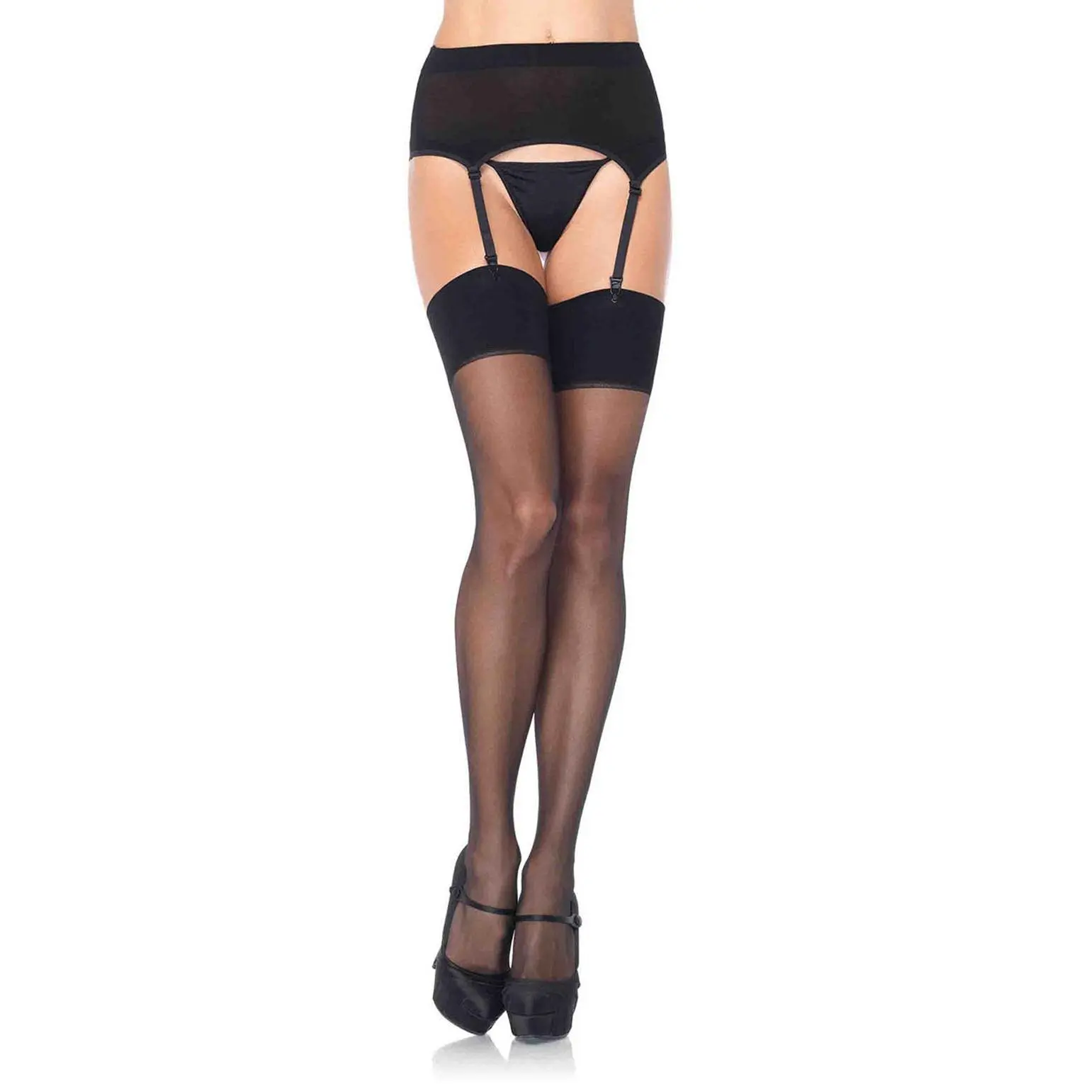 2PC.Spandex Sheer Garter Belt And Stockings Set O/S BLACk
