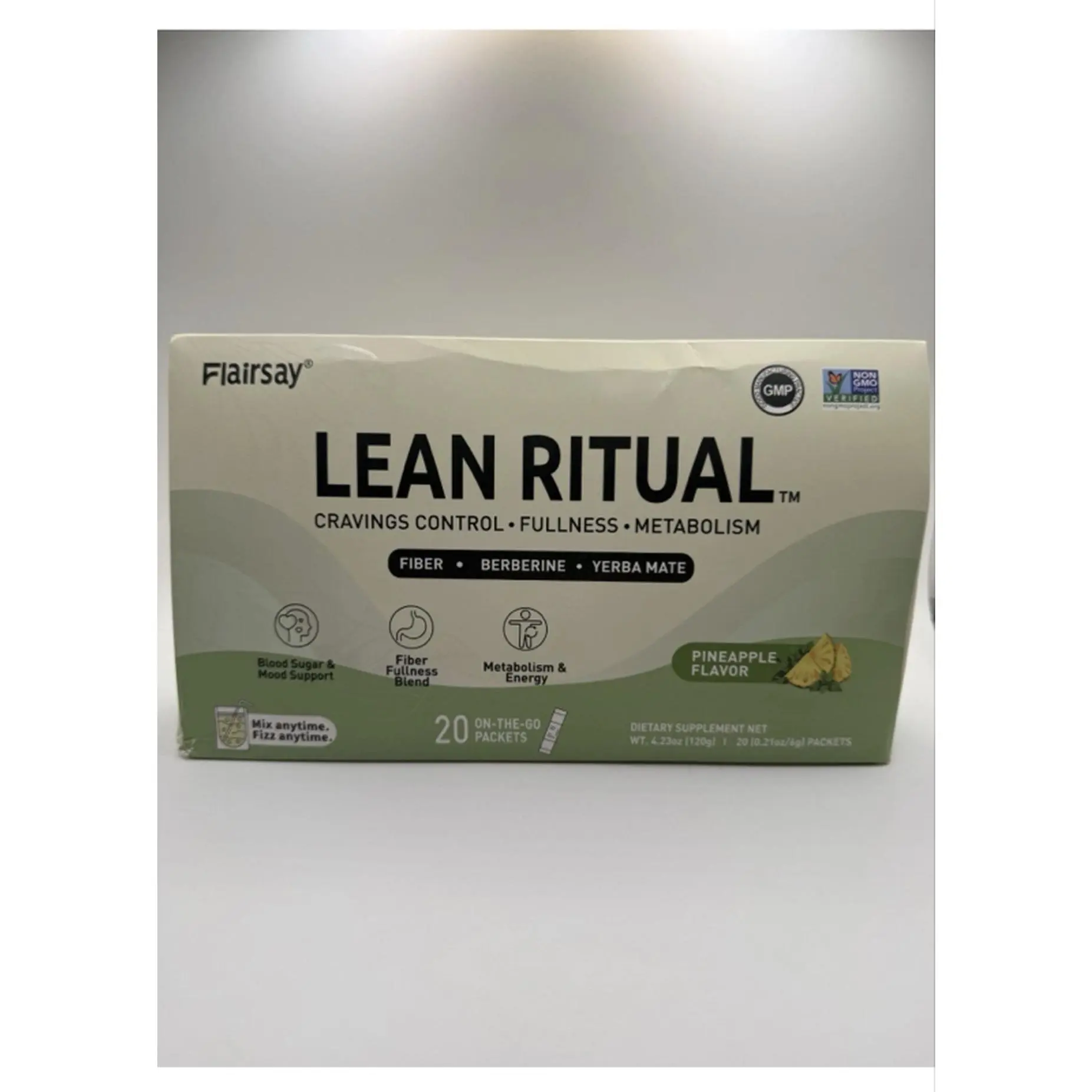 Flairsay Lean Ritual Cravings Control Metabolism Pineapple Flavor 20 Packets with Fiber Berberine & Yerba Mate