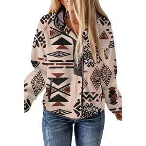 Womens Fleece Jacket Western Aztec Print Long Sleeve Snap Button Down Shacket Jackets with PocketsGift