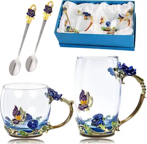 Rose Flower Enamel Tea Cup Glass Mug Set with Spoon – Fancy Coffee Mugs, Perfect Birthday, Christmas, or Valentine's Day Gift for Tea Lovers and Women