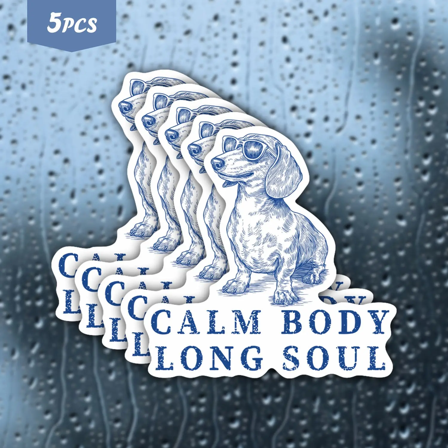 5Pcs Cool & Contemplative Sunglasses Dachshund "Calm Body Long Soul" Waterproof Vinyl Sticker, Self-Adhesive Single-Use Decal, Suitable For Water Bottles, Laptops, Cars, Tablets And More, Ideal For Dachshund, Chill Vibe And Dog Lovers, Car Window Stickers