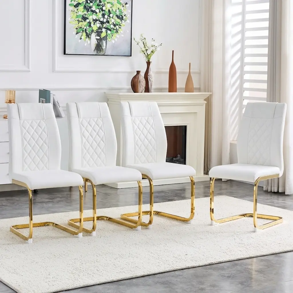 4-Piece Modern White PU Leather Dining Chairs - Mid-Century Glam High Back Upholstered Chairs with Gold C-Frame Legs, Compact Seating for Dining Room, Home Office