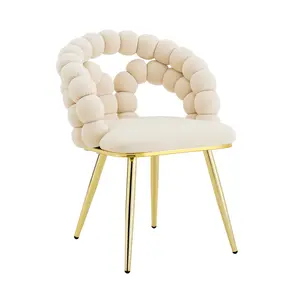 ARCH Modern Velvet Dining Chair with Bubble Back, Accent Chair with Gold Metal Legs, Upholstered Vanity Chair for Dining Room, Living Room, Bedroom, Beige (Set of 2)
