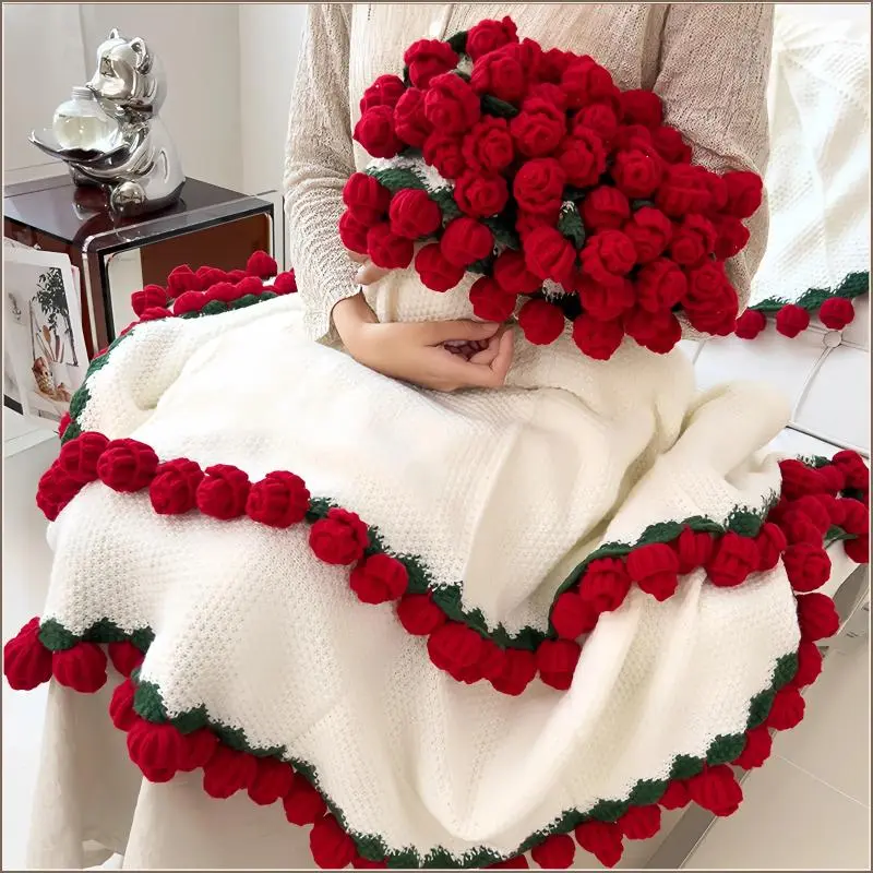 2-in-1 Handmade 3D Knit Fabric Round Blanket & Crochet Rose Flower Bouquet - Multi-Size (31-62 in), Decorative Throw for Apartment Decorating, Mother’s Day Gift with Storage Organization, Decorating My Apartment, Round Shape