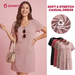 SHOWITTY Womens Casual Henley Dress with Pockets, Short Sleeve Soft Stretch Lounge Dress, Breathable Recycled Fabric Everyday Midi Dress #Summervibes
