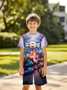 Boys' 3D Short Sleeve Set, American Style the Amazing Digital Circus Character Full Print, Outdoor Wear, Holiday Gift, Birthday Present