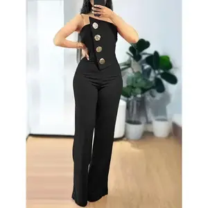 Elegant Women's One-Piece Jumpsuit with Asymmetric Metallic Buckle Detail, Casual Strapless Polyester Knit Fabric, All-Season Flared Pants Womenswear Overalls Solid