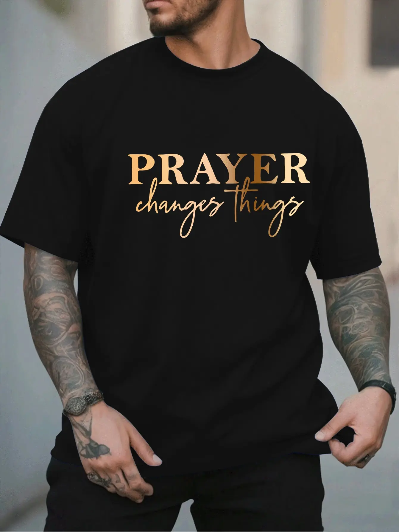 Men's Plus Size Casual T-Shirt, "Prayer Changes Things" Quote, Geometric Pattern, Round Neck, Short Sleeve, Summer Fashion, Knit Fabric, Adult Unisex Top