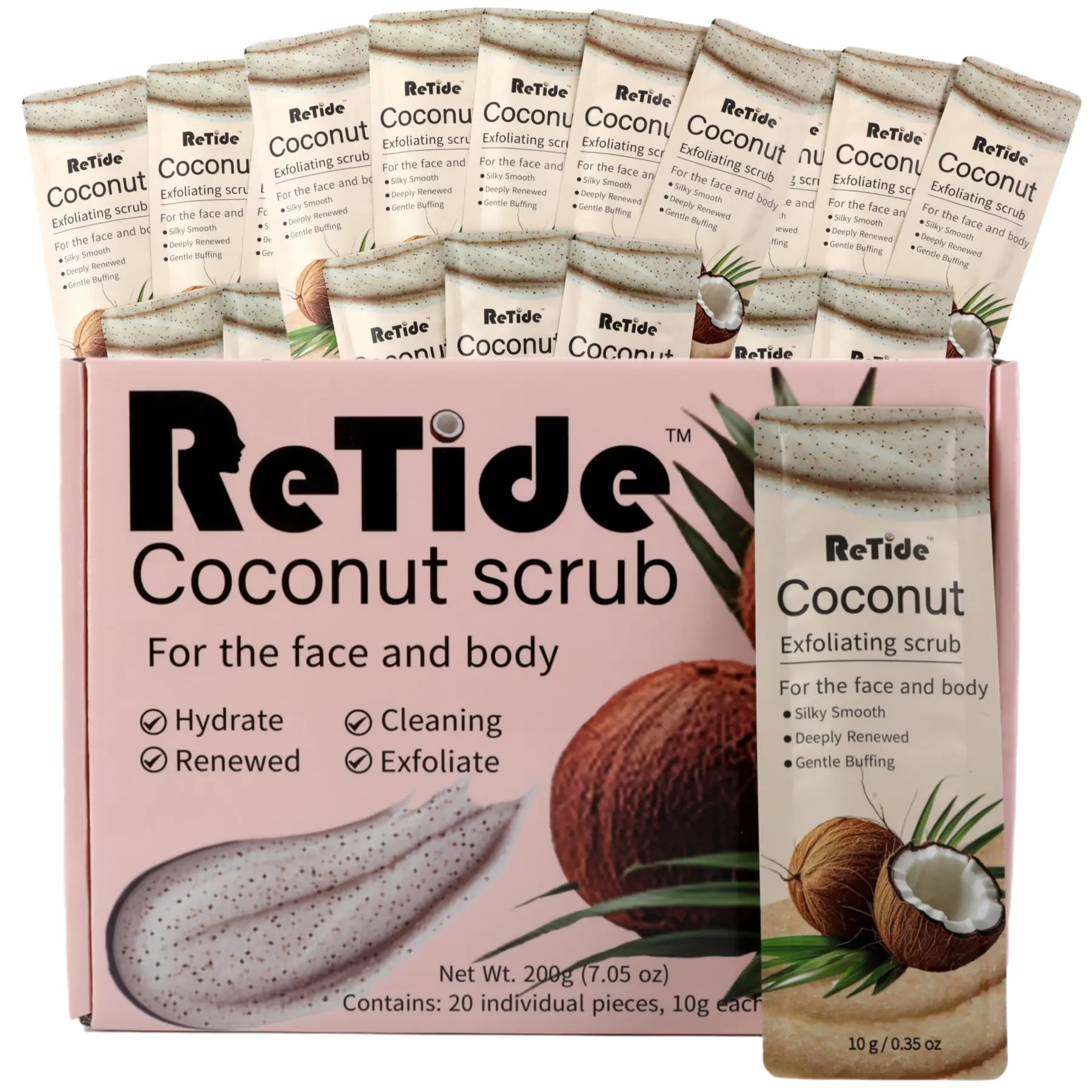 Coconut Scented Gentle Intensive Pore Exfoliating Body Scrub Gift Set for Women, 20 Travel-Size Sugar Scrub Packets, Moisturizing Evening Self-Care Bath Essentials