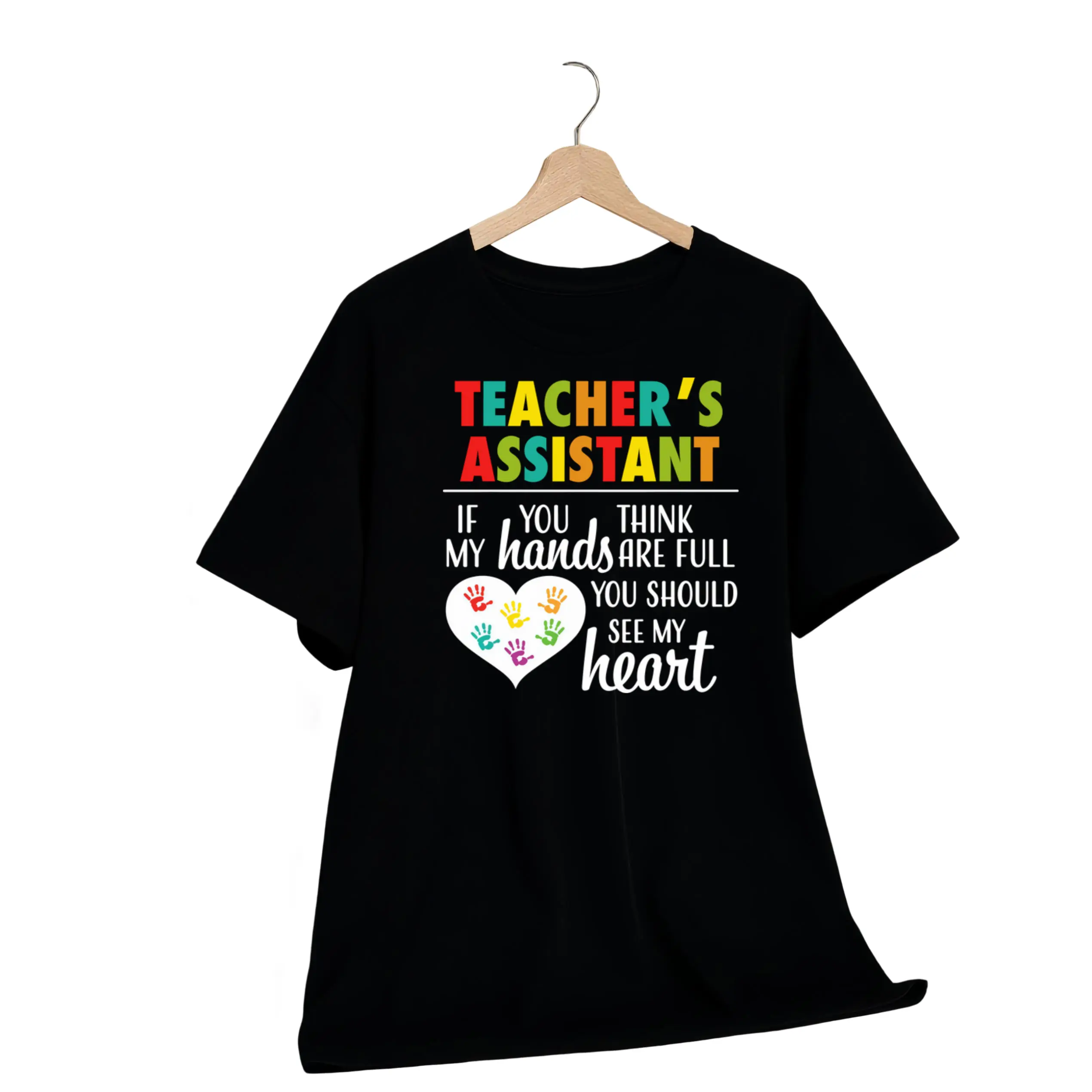 Women's & Unisex Teacher Assistant T-Shirt - Cute Heart & Handprint with "Teacher's Helper" Quote, Loose Fit Casual Black Tee, Educator Apparel Gift for, Staff - Machine Washable