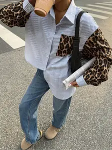 Women's Casual Striped Shirt, Leopard Print Long Sleeve, Fashionable Comfortable Design, Perfect for Daily Wear